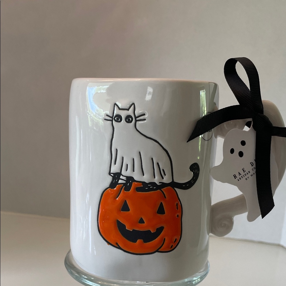 Rae Dunn Ghost Cat on Pumpkin” Feline Spooky” Halloween Mug